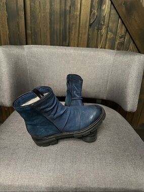 Women Navy Leather Ankle Boots - Casual Zip-Up